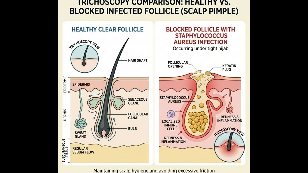 Perbandingan Trikoskopi: Folikel Sihat vs Folikel Dijangkiti Bakteria