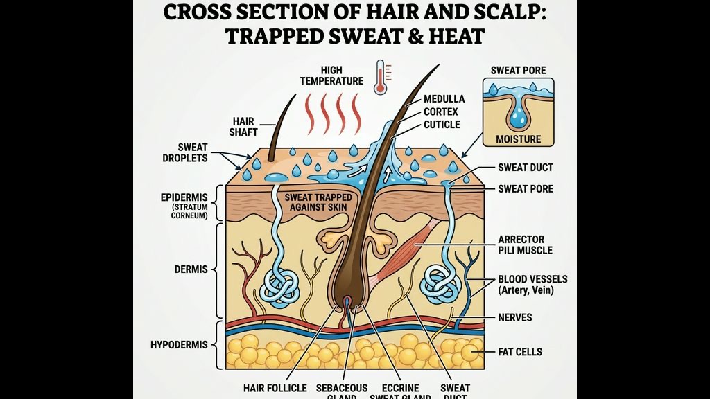 Cross Section of Hair and Scalp showing Trapped Sweat & Heat