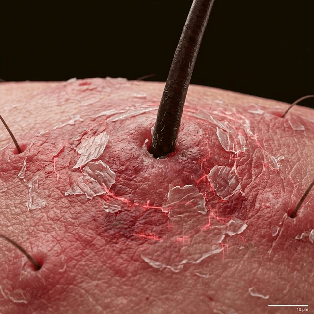Inflamed scalp barrier cross-section showing barrier disruption and immune cell infiltration associated with psoriatic lesions
