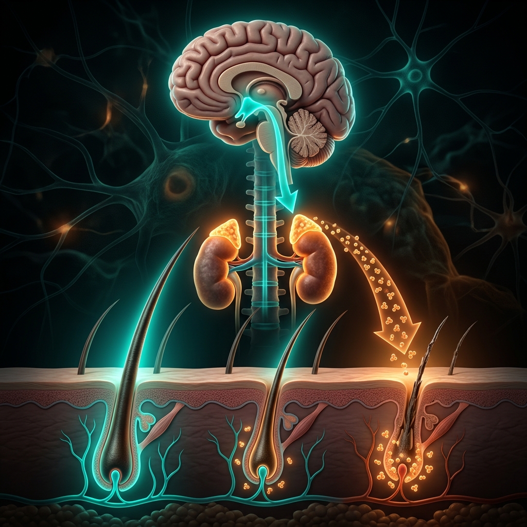 Gambar rajah saintifik 3D menunjukkan laluan tekanan paksi HPA dari otak merembeskan hormon kortisol yang menuju ke folikel rambut mengakibatkan kerosakan batang rambut