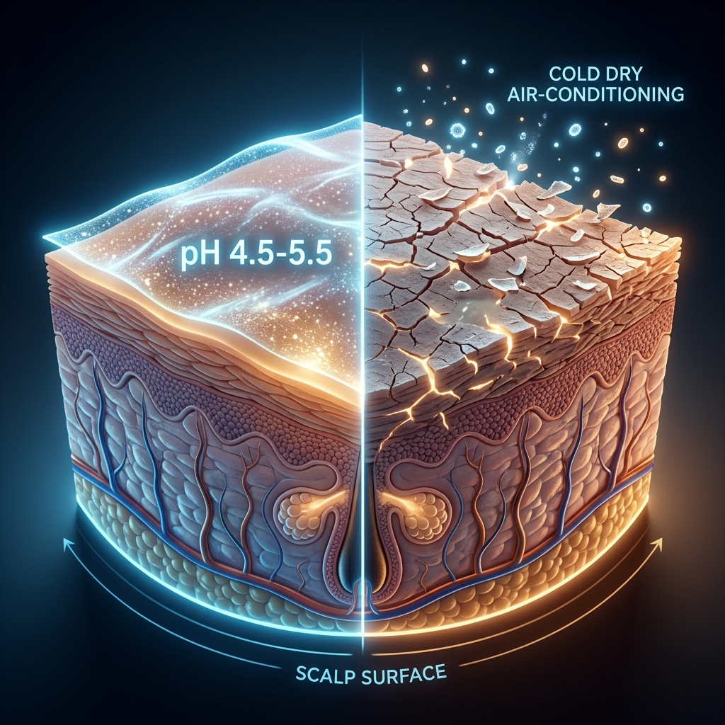 3D medical cross-section showing a healthy intact acid mantle vs a cracked, dry barrier exposed to air conditioning