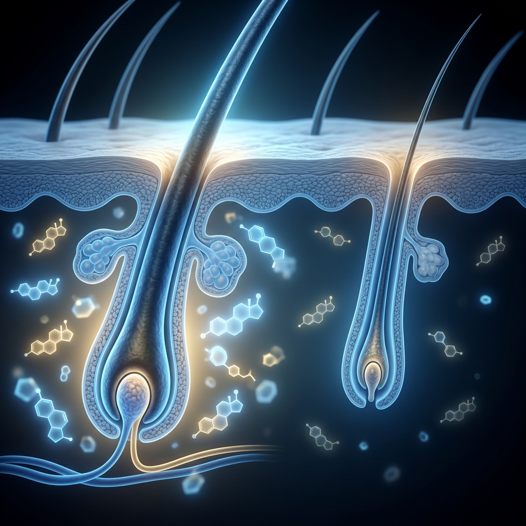 3D medical illustration showing a healthy estrogen-rich follicle vs a miniaturised DHT-affected follicle