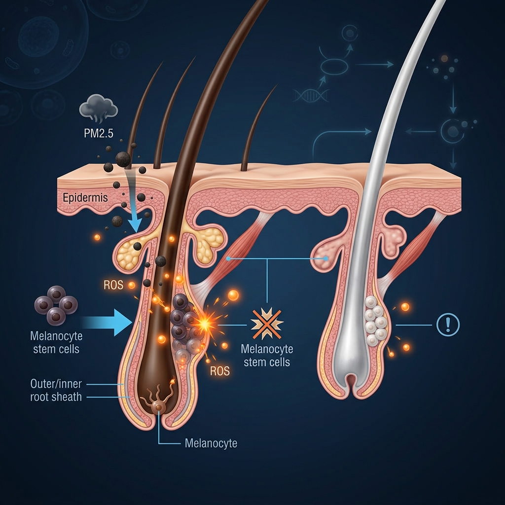 3D scientific diagram showing PM2.5 pollution penetrating the scalp and reactive oxygen species attacking melanocyte stem cells