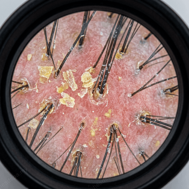 Trichoscopy view of dandruff flakes and Malassezia fungal colonisation on scalp