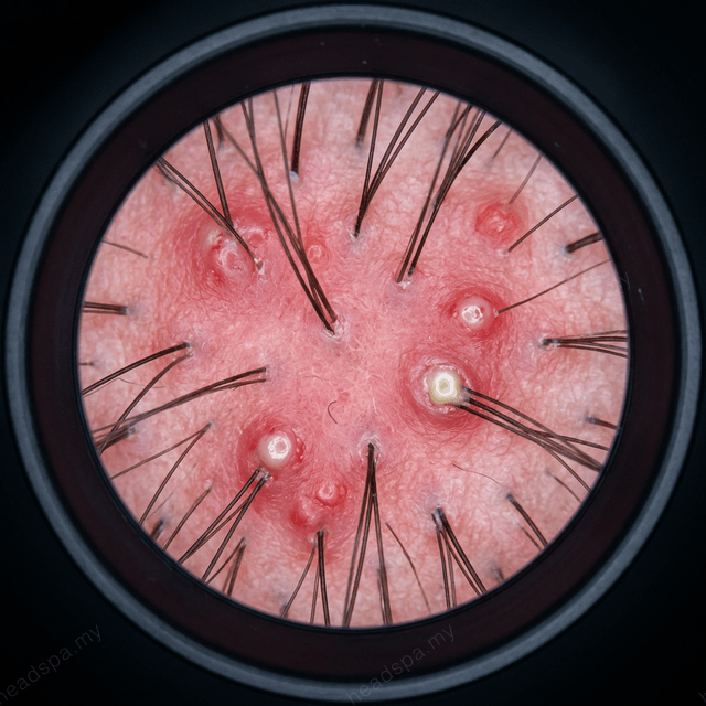 Clinical presentation of scalp folliculitis: erythematous papules and pustules clustered at follicular openings, with surrounding inflammation