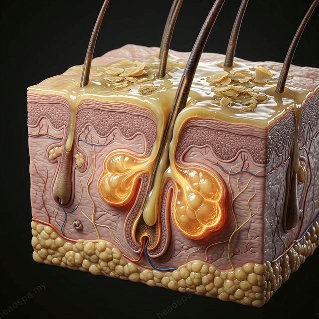 Sebum overproduction diagram showing sebaceous gland enlargement and excess sebum coating the follicular canal